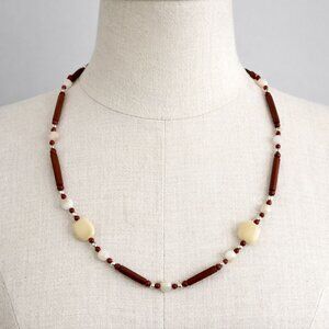 Vintage Beaded Necklace Choker Wood Cream Red Beads Boho Earth Tone 8 Inch